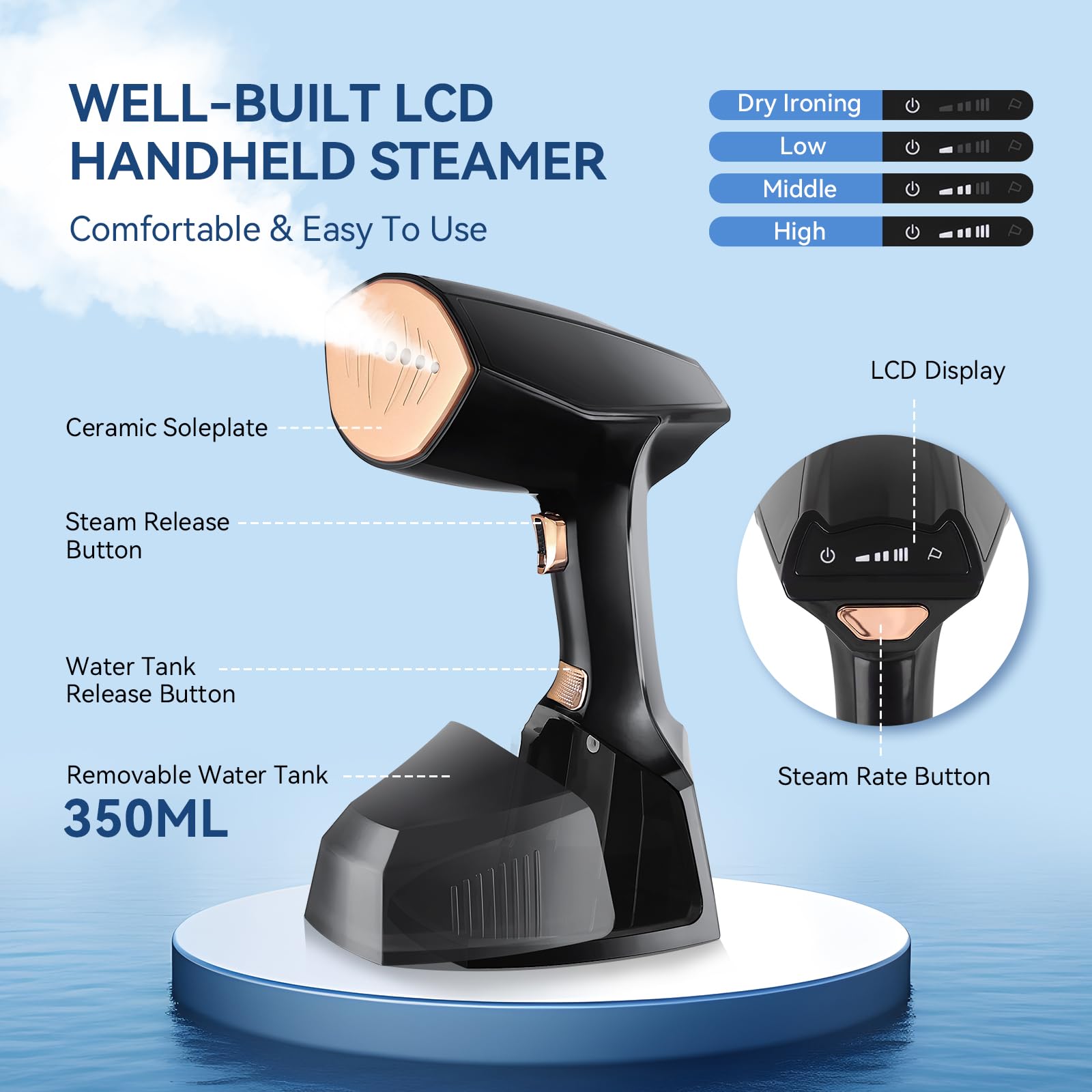 Steamer for Clothes 1800W with 3 Steam Rate, VOUTOORO LCD Display Iron & Steamer 2-in-1, 20S Fast Heat-Up Handheld Garment Fabric Stamer Removable Water Tank for Home Travel