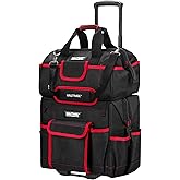 HAUTMEC 2-Piece Rolling Tool Bag Set, 15" Wheeled Tool Bag &amp; Wide Mouth Tool Tote, Heavy-Duty Tool Storage Organizer with Durable Off-Road Wheel, Steel Telescoping Handle &amp; Shoulder Strap &ndash; HT0288
