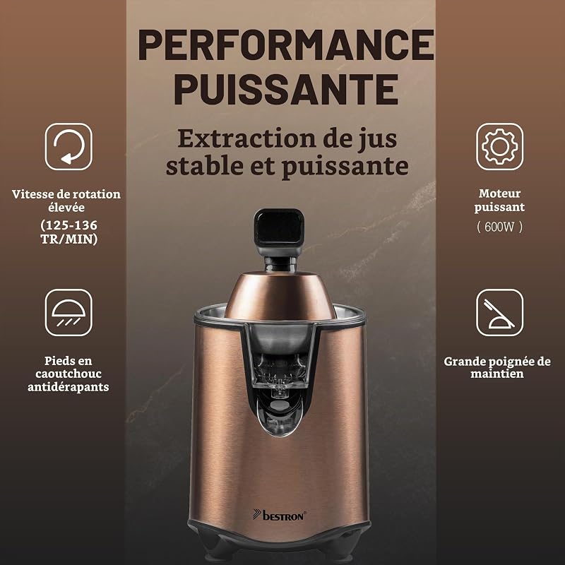 Presse-agrumes électrique, avec fonction d'arrêt de sortie et passoire à pulpe en acier inoxydable, avec 2 cônes de pressage, capacité de 450 ml, levier Soft-Press pour une utilisation facile