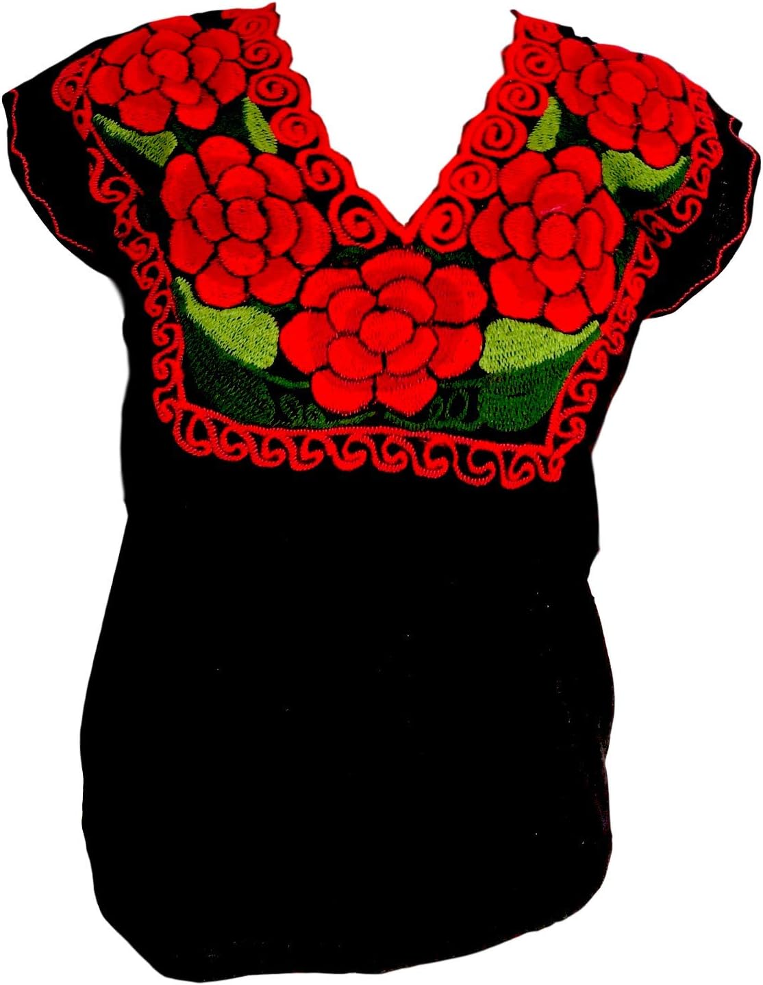 Floral Mexican Blouse - Authentic Embroidered Chiapas Blouse - Handmade - Black with Red Flowers