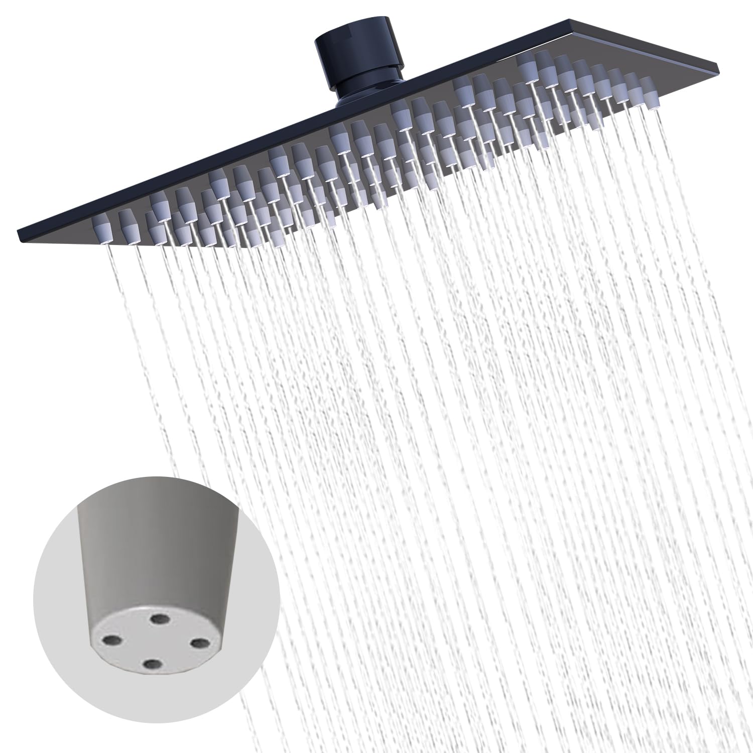 Delnet 4 Holes&6 inch(15.24CM) Fixed Rain Shower Head, High Pressure Square Overhead Shower Head, with Angle Adjustment, 304 Stainless Steel Replacement Shower Head, Matte Black