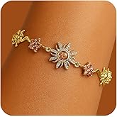 Frigotine Gold Silver Sun Link Bracelet for Women, Dainty Sparkly Colorful Crystal Rhinestone Flower Floral Adjustable Chain Bracelets Prom Wedding Accessories Fashion Jewelry Gift