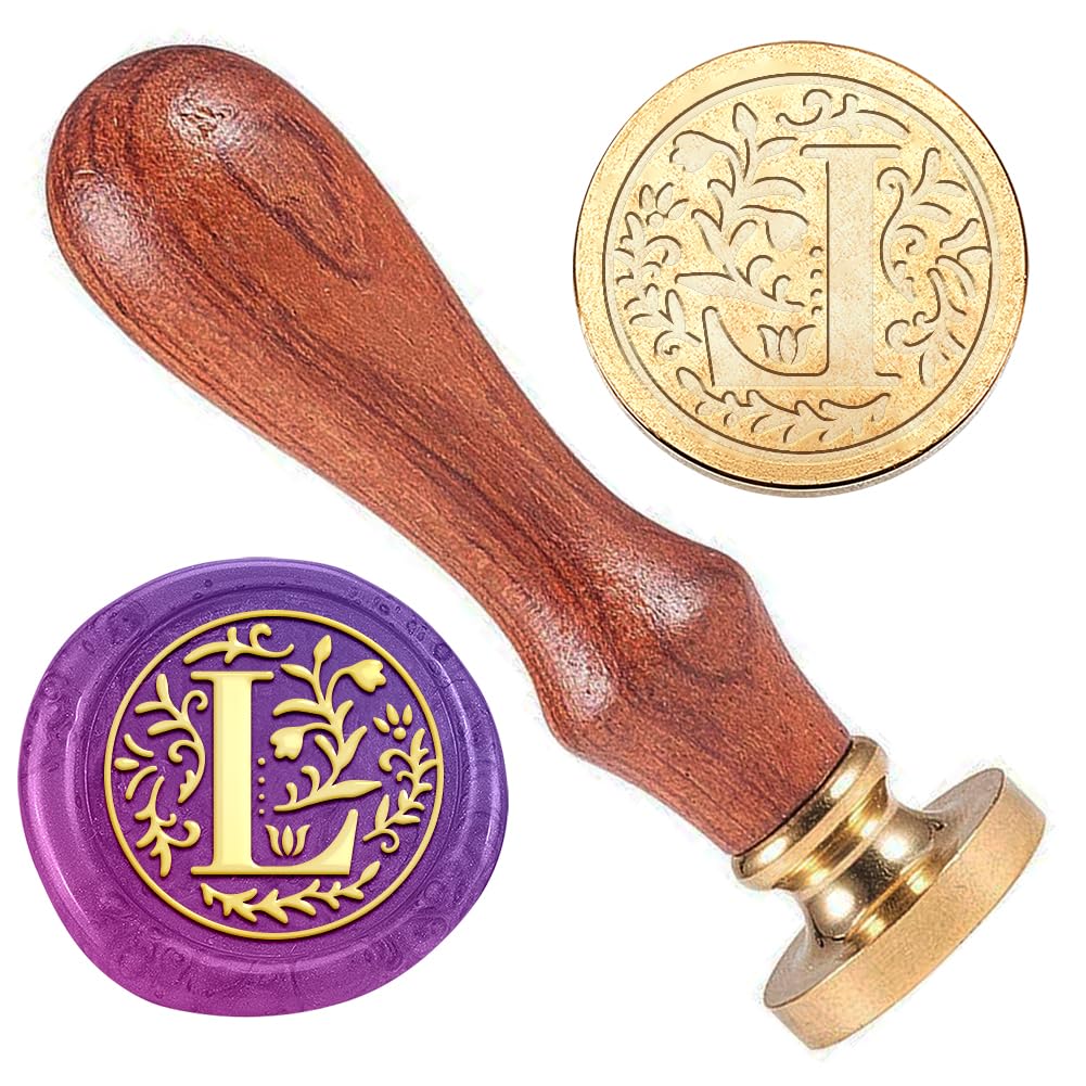 DELORIGIN Initial Alphabet L Wax Seal Stamp Embossed Letter Stamp Sealing Vintage Elegant Pattern Removable 1" Brass Seal Wood Handle Wedding Party Invitations Envelopes Gift Craft Decoration