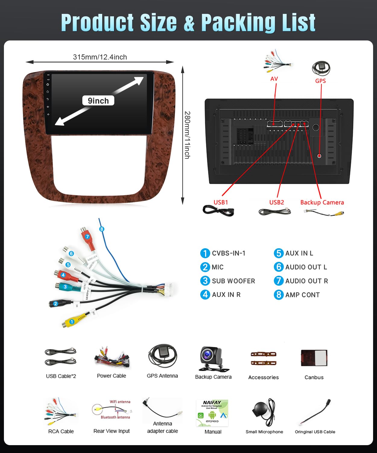 Naifay Android Car Radio for GMC Yukon Chevrolet Chevy Silverado Tahoe Suburban 2007 2008 2009 2010 2011 2012 with Carplay Andriod Auto, 2+32G 9 Inch IPS Touchscreen Car Stereo Bluetooth FM GPS WiFi
