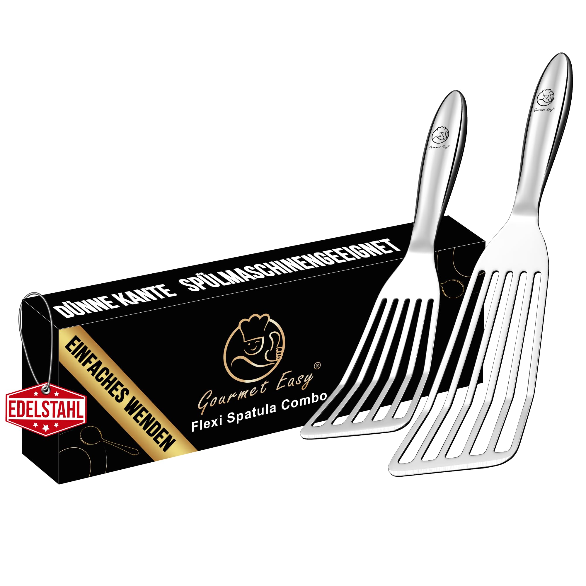 Pfannenwender Set aus rostfreiem Edelstahl für Fisch & Fleisch - Kleiner & Großer Pfannkuchenwender - Pfannenwender Edelstahl - Küchenhelfer 5 Jahre Ersatz