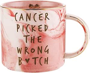 Breast Cancer Survivor Gifts for Women - Cancer Picked The Wrong - Ovarian, Breast Cancer Awareness, Chemotherapy, Gifts for Cancer Patient - Pink Marble Mug, Ceramic Coffee Cup