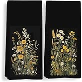 Qeheb Boho Vintage Floral Kitchen Towels, Botanical Dark Cottagecore Flowers Floral Decorative Kitchen Towels Set, Retro Floral Hand Dish Tea Towels for Farmhouse Kitchen Bathroom 16x24in