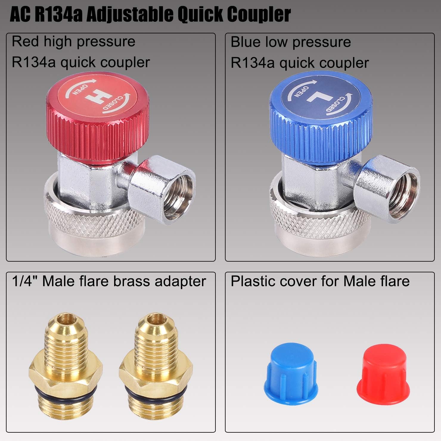 YSTOOL Automotive AC R134a Adjustable Quick Coupler Kit HVAC High Low Connector Conversion with 1/4 inch SAE Male Flare Adapter Work with Standard Auto Air Conditioner Manifold Gauge: Automotive