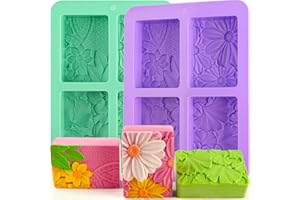 HUAKENER 2 Pack Silicone Soap Molds, Rectangle Soap Making Mold, 3D Rectangular Flower Pattern Silicone Molds for Handmade Soap, Bath Bombs, Candle, Chocolate