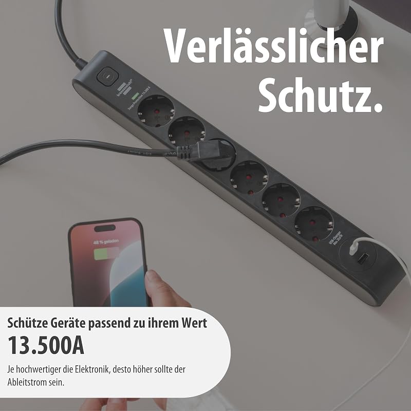 Steckdosenleiste 6-Fach mit USB und Überspannungsschutz