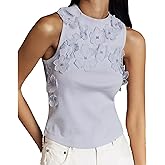 3D Floral Applique Sleeveless Top Ribbed Knit Tank Tops for Women Elegant Mock Neck Summer Going Out Tops