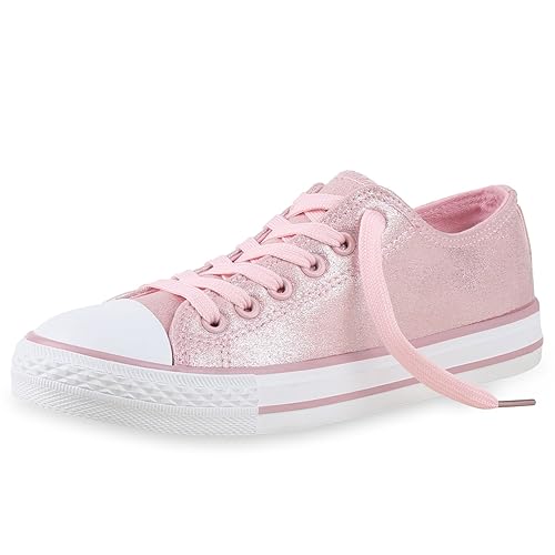 Elegante Damen Sneakers low | Glitzer Canvas Schuhe | Turnschuhe Freizeit | Gr. 36-41