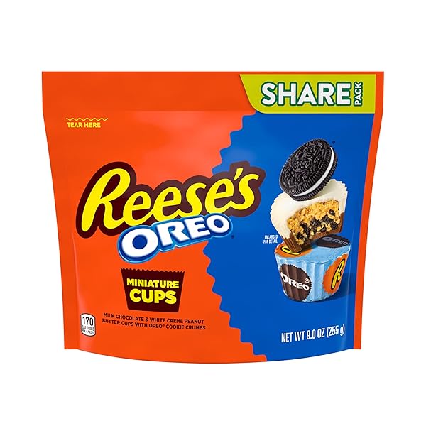 REESE’S OREO MINIATURES MILK CHOCOLATE AND WHITE CREME PEANUT BUTTER CUPS, CANDY SHARE PACK, 9 OZ
