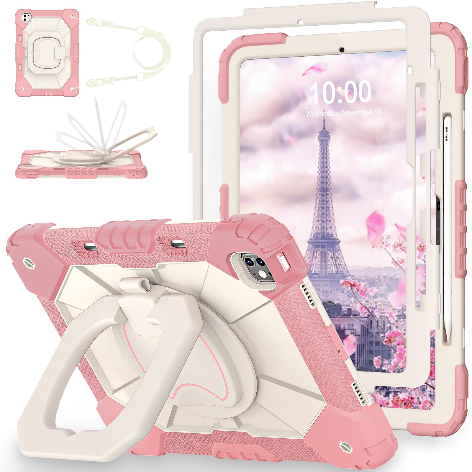 Photo 1 of WESOROL for iPad Pro 13 Inch Case 2024 (7th Gen) with Screen Protector/360° Rotating Stand/Pencil Holder/Shoulder Strap,Military Grade Shockproof iPad Case 13 Inch iPad Pro M4,Rose Gold