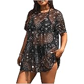 Floerns Women's Plus Size Short Sleeve T Shirts Galaxy Print Sexy Sheer Mesh Rave Festive Concert Going Out Cover Up Tops