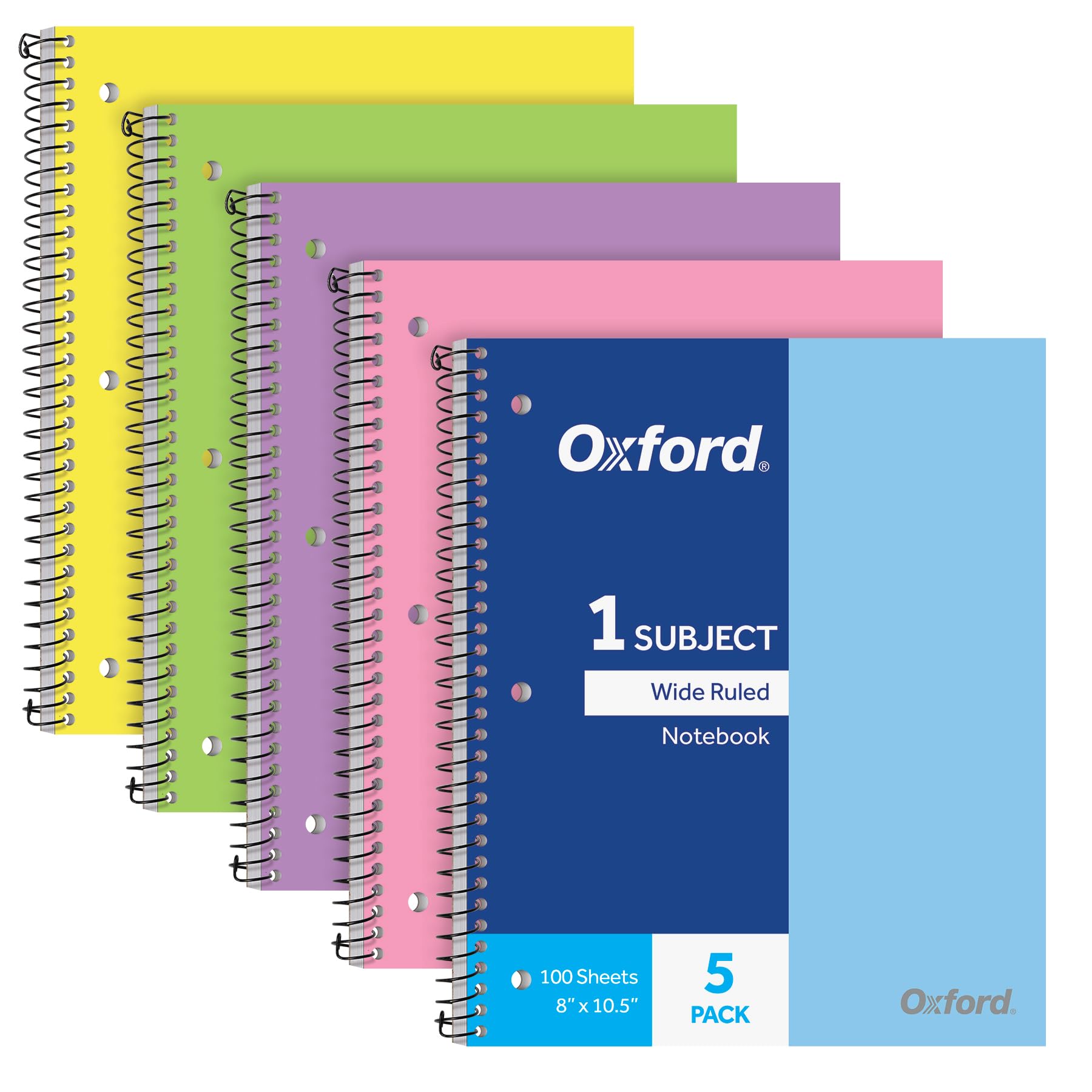 Photo 1 of Oxford 1 Subject Spiral Notebook, Notebooks for School, Plastic Covers, Back to School Supplies, Wide Ruled, 100 Sheets, 5 Pack, Assorted Pastel Colors: Blue, Green, Yellow, Pink and Purple (1009292)