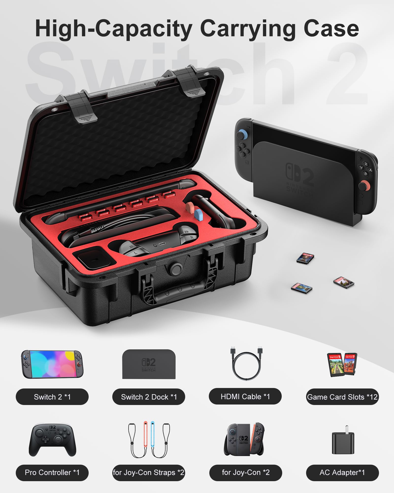 Hartschalen Tasche für Nintendo Switch 2, Professional Deluxe IP67 wasserdicht, weich gefütterte Hartschalen Tragetasche für Nintendo Switch 2 Console Pro Controller und Zubehör (Schwarz) 2