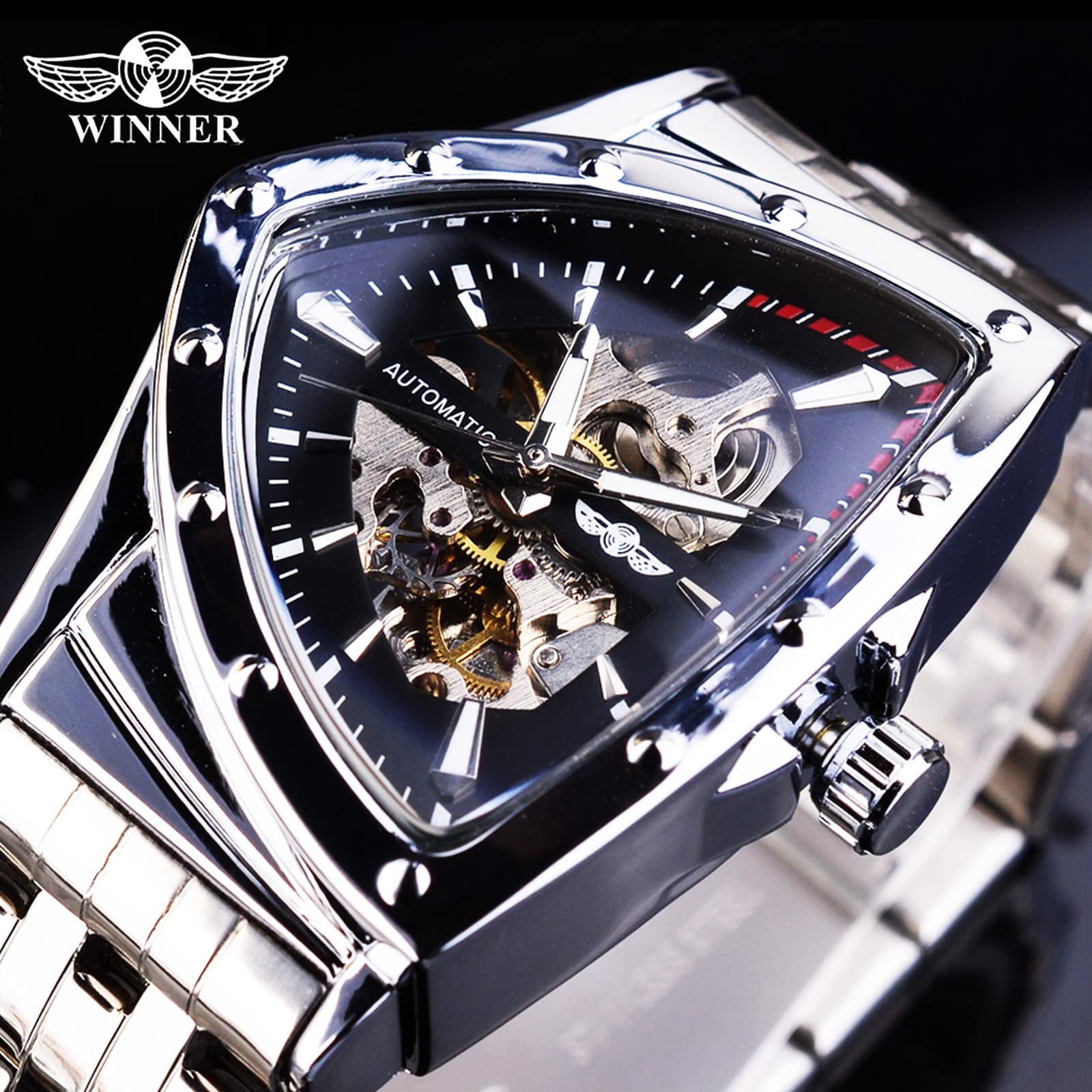 FORSINING Triangle Skelett Herren Automatische Mechanische Uhr Luxus Gold Schwarz Edelstahl Uhren Wasserdicht Leuchtende Sport Armbanduhr, Silber / Schwarz, Modern