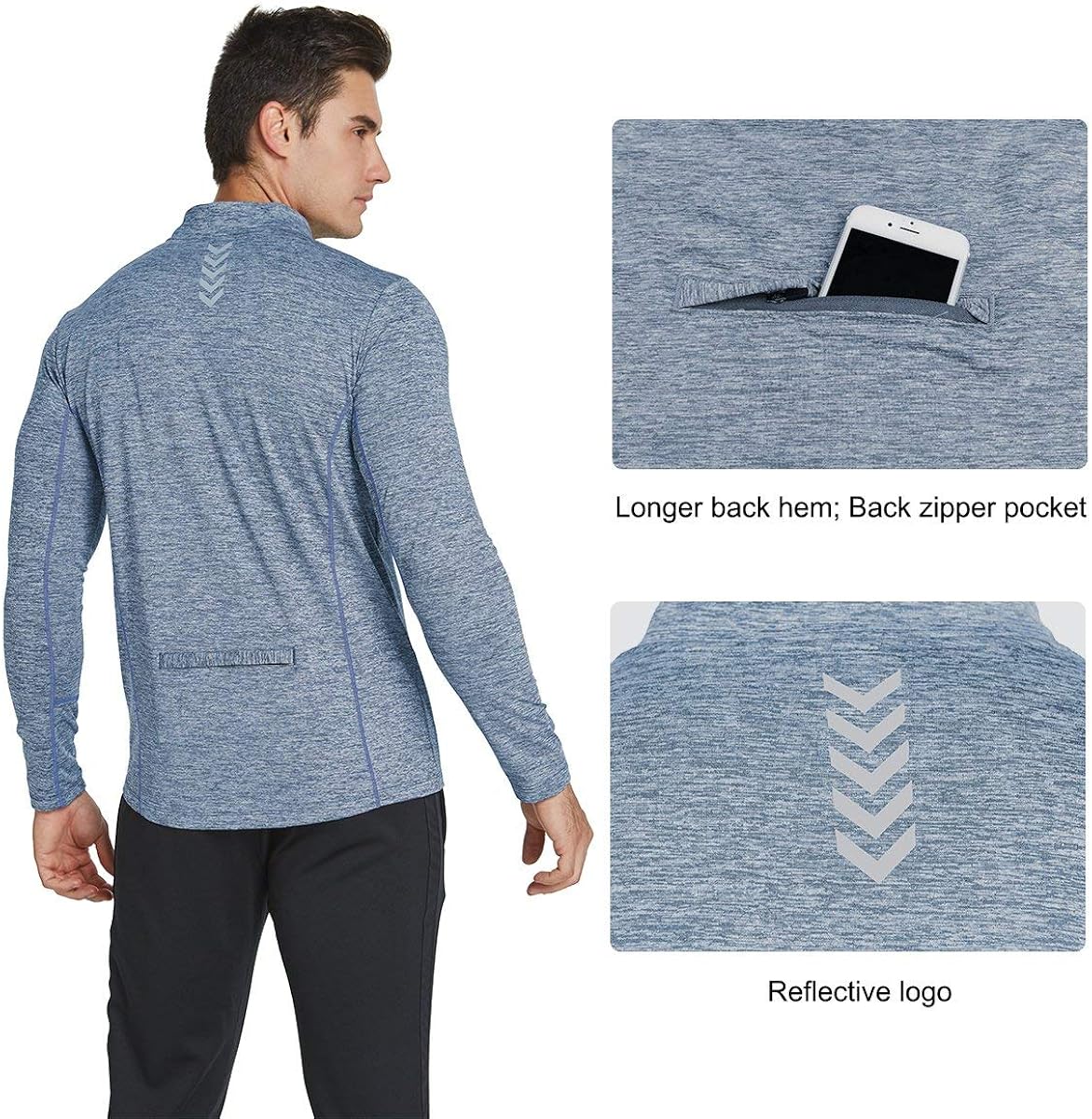 BALEAF Men's 1/4 Zip Pullover Running Shirts Long Sleeved Tops Side/Back Pocketed: Clothing