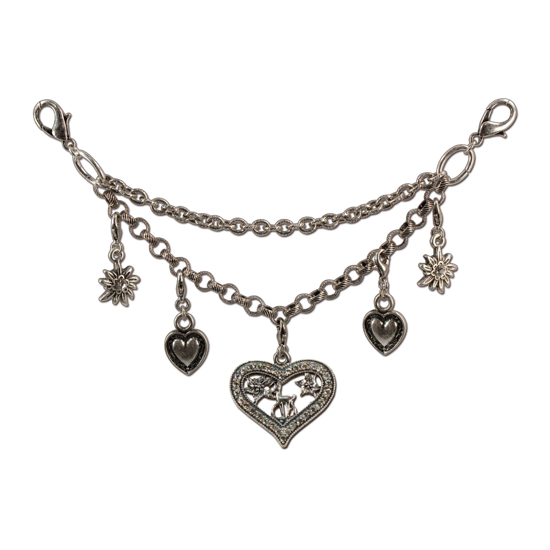 Costume Jewellery – Bambi Rhinestone Heart Charivari (Antique Silver), Women's Dirndl Charivari, Oktoberfest