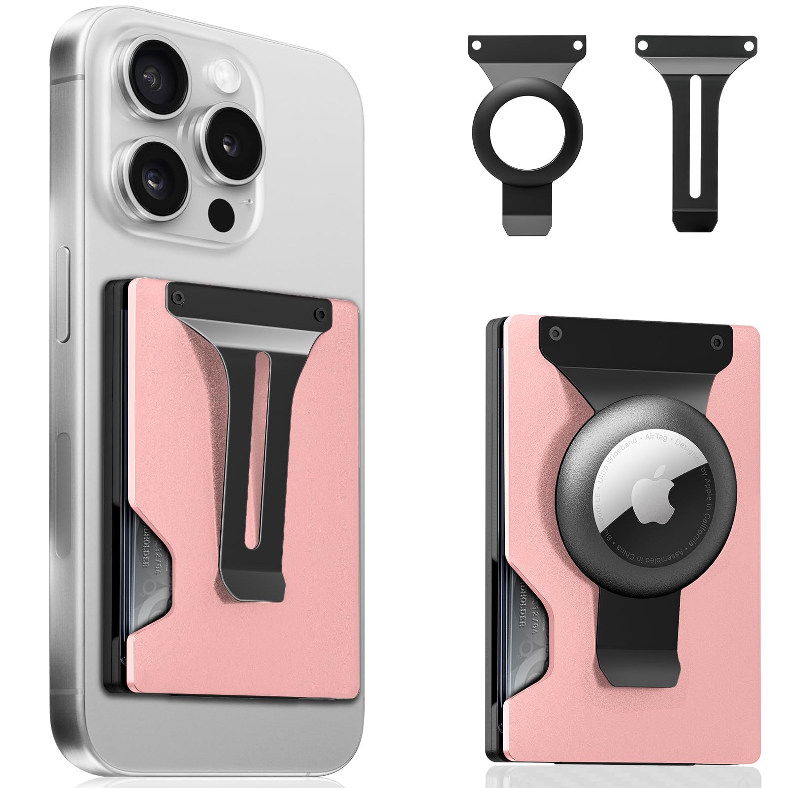 Photo 1 of BESSIO Magnetic Phone Wallet Compatible with Apple MagSafe - Metal Card Holder with AirTag Holder, RFID Blocking & Money Clip Mag Safe Wallet for iPhone 16 15 14 13 12 Pro Max/Pro/Plus/Mini, Pink