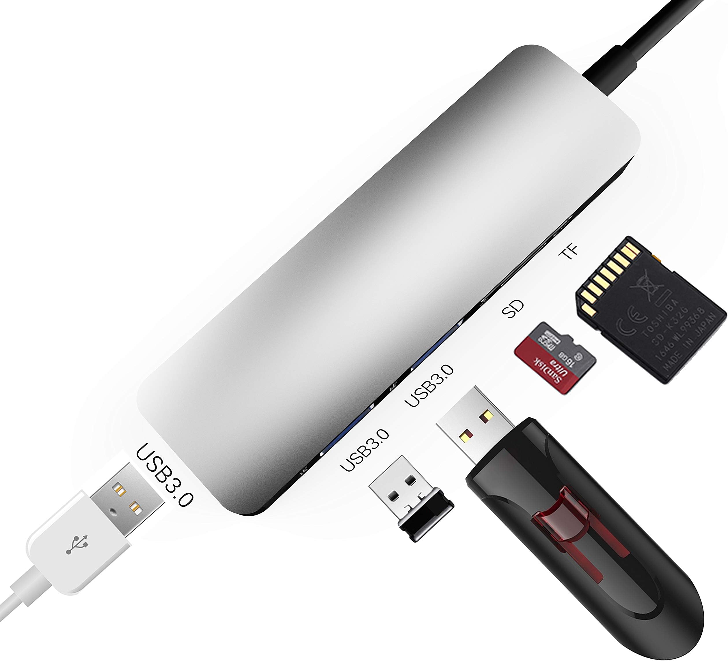 USB C Hub 5 in 1 Aluminum Type C Adapter with 3 USB 3.0 Ports SD/SDHC/microSD Card Reader for New MacBook Pro 13" 15" 2016/2017, iPad Pro 11" 12.9", MacBook Air and More Type C Devices - Silver