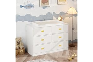 ROMSHINE 6 Drawer Baby Dresser, Nursery Dresser with Changing Topper, Long Cabinet for Infant Cloth Organize, Changing Station for Nursery and Kids Bedroom Storage, White (45.3" W x 18.9" D x 30.1" H)