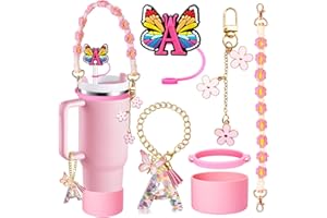 HLUWA 6PCS Cup Accessories Set for Stanley Cup 30oz 40oz, Includes Silicone Initials Straw Cover Cap and Boot, Water Bottle Handle Strap, Rubber Cup Ring, Alphabet Handle Charm, Keychain Charm. (A)