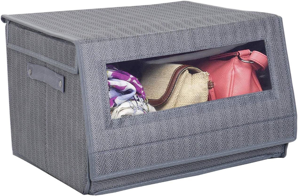 HomeStorie Linen Storage Organizer Box with Lid & View Window, Grey