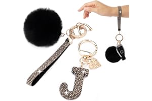 HONYJOOM Initial Letter Keychain for Women Girl Bling Rhinestone Sparkly Bag Backpack Purse Charm Cute Pom Pom Key Chain Wristlet