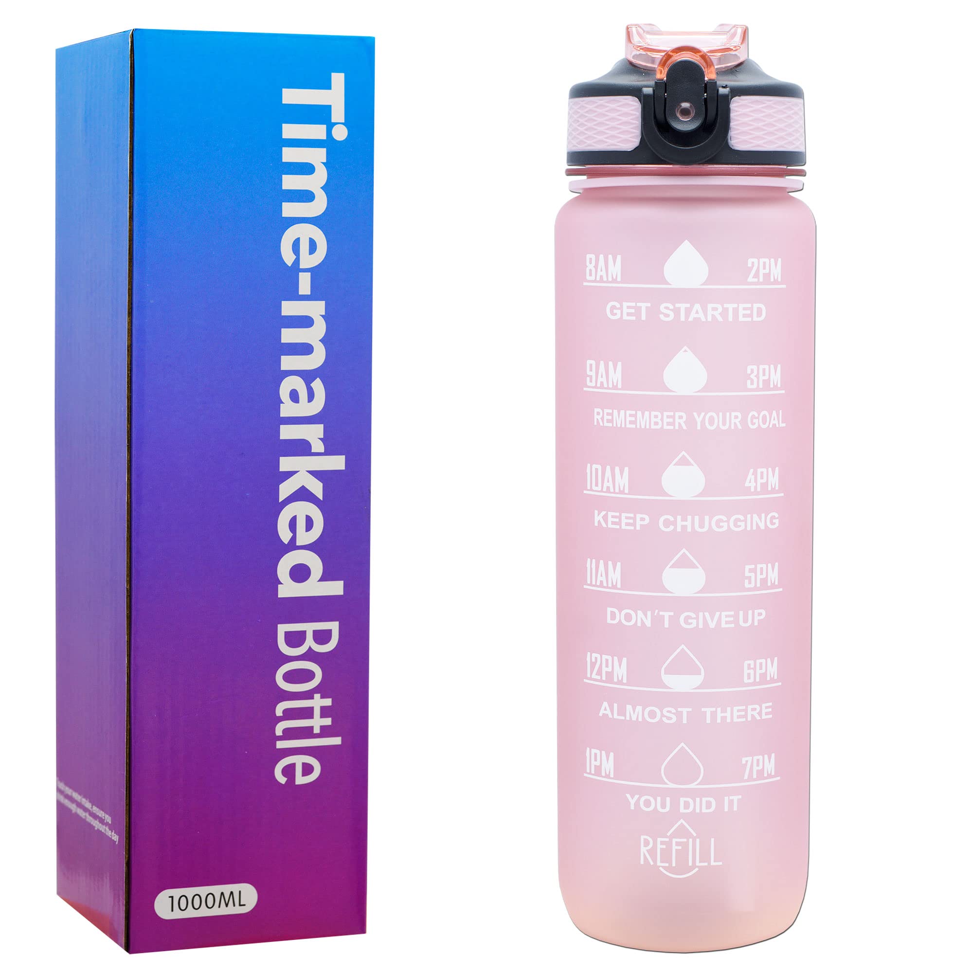 1l Water Bottles with Straw – Time Markings Motivational Sport Water Bottle | BPA Free Tritan Leak Proof Bottles for Men, Women, Running, Cycling, Office, Gym and Sport | One-Click Flip Lid (Pink)