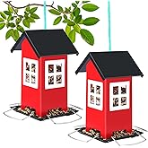 2 Pack Bird House Feeders for Outdoors Hanging - Metal Wild Bird House Feeders with 4 Ports, Country House Design, Garden Yard Decor Weatherproof Outdoor Feeder, (Red)