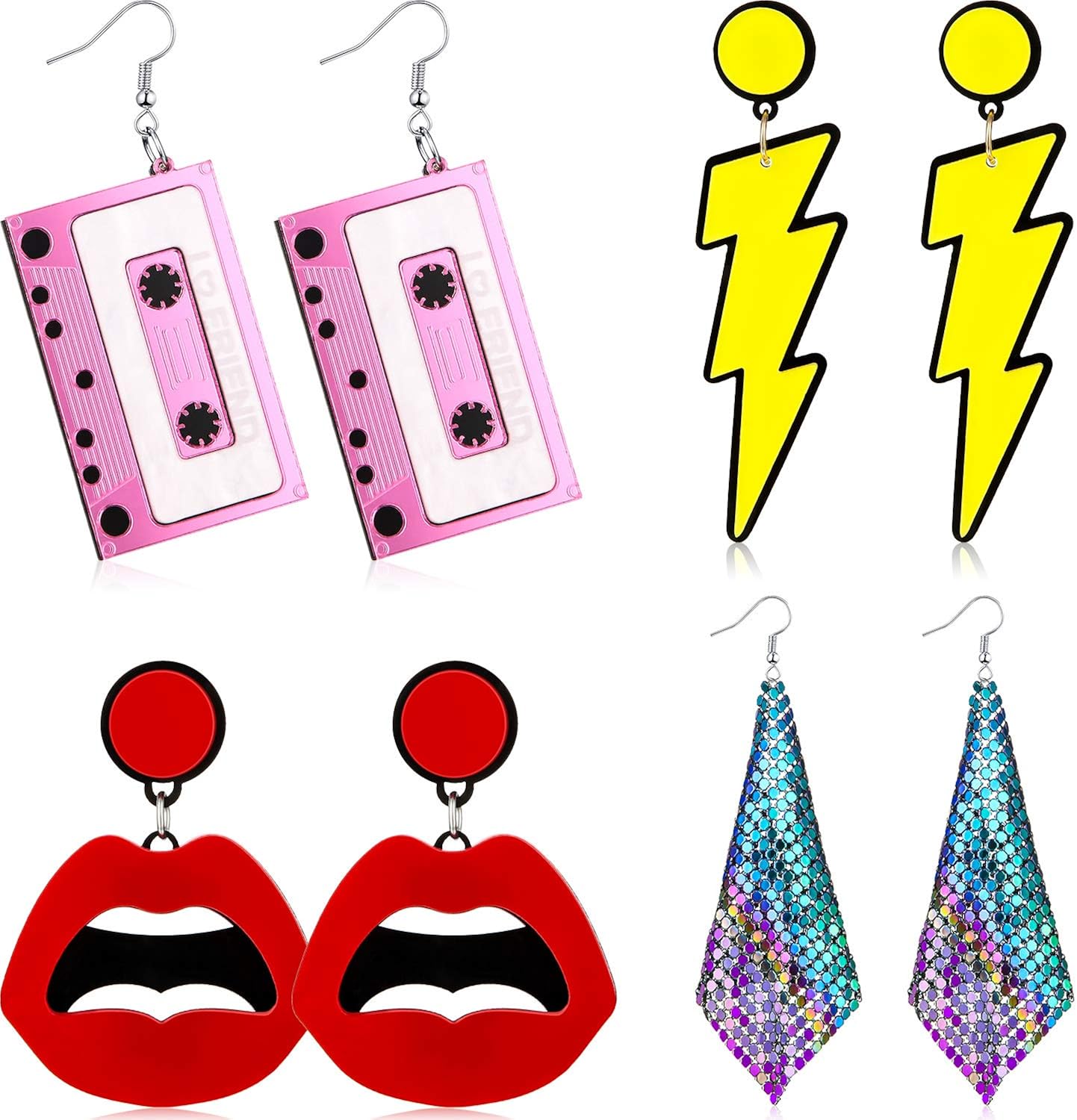 4 Paires Boucles d'Oreilles Rétro des Années 80 Boucles d'Oreilles Néon