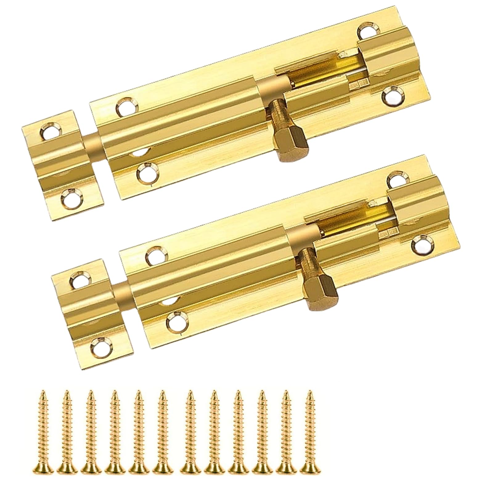Door Bolts for Internal Doors - 2 Pack Brass Internal Door Latch & Security Slide Lock, Durable Bathroom Lock with Stainless Steel Screws for Shed, Fence, Cabinets, Windows (Gold, 3inch)