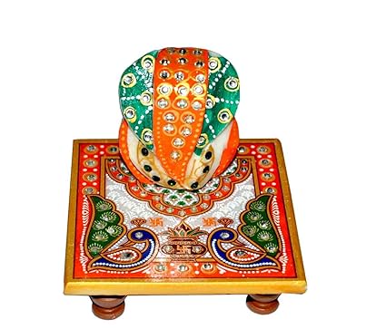 Marble Pooja Chowki Ganesh with Meenakari Work - Lord Ganesha & Fancy Pooja Chowki- 4 X 4 Inches (Orange)