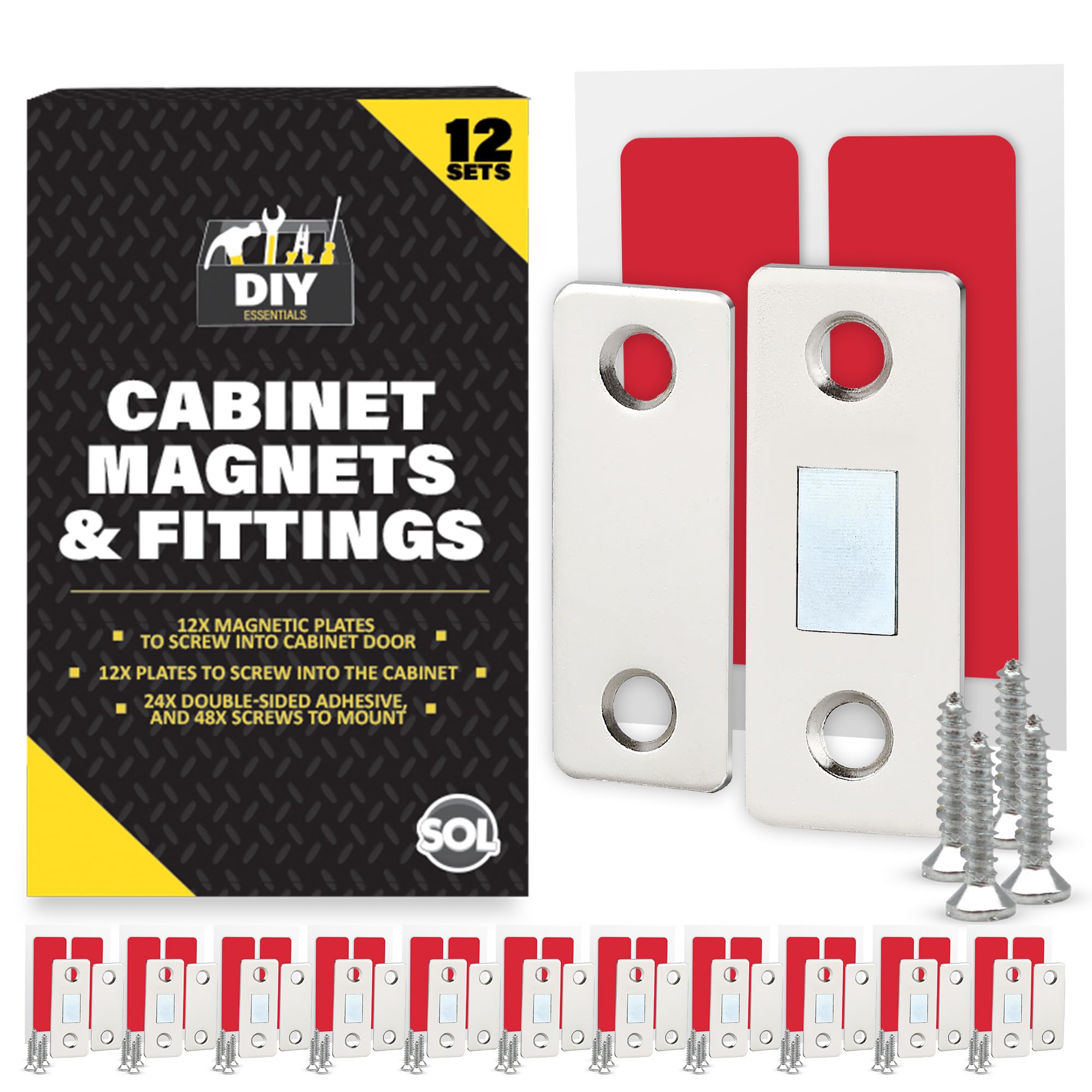 SOL 12pk Cabinet Magnets and Fittings Magnetic Door Catch for Cupboards Wardrobes Kitchen Units Cabinets Slim Cupboard Latch for Secure Closures Drawers Furniture Doors Easy Install Door Magnet