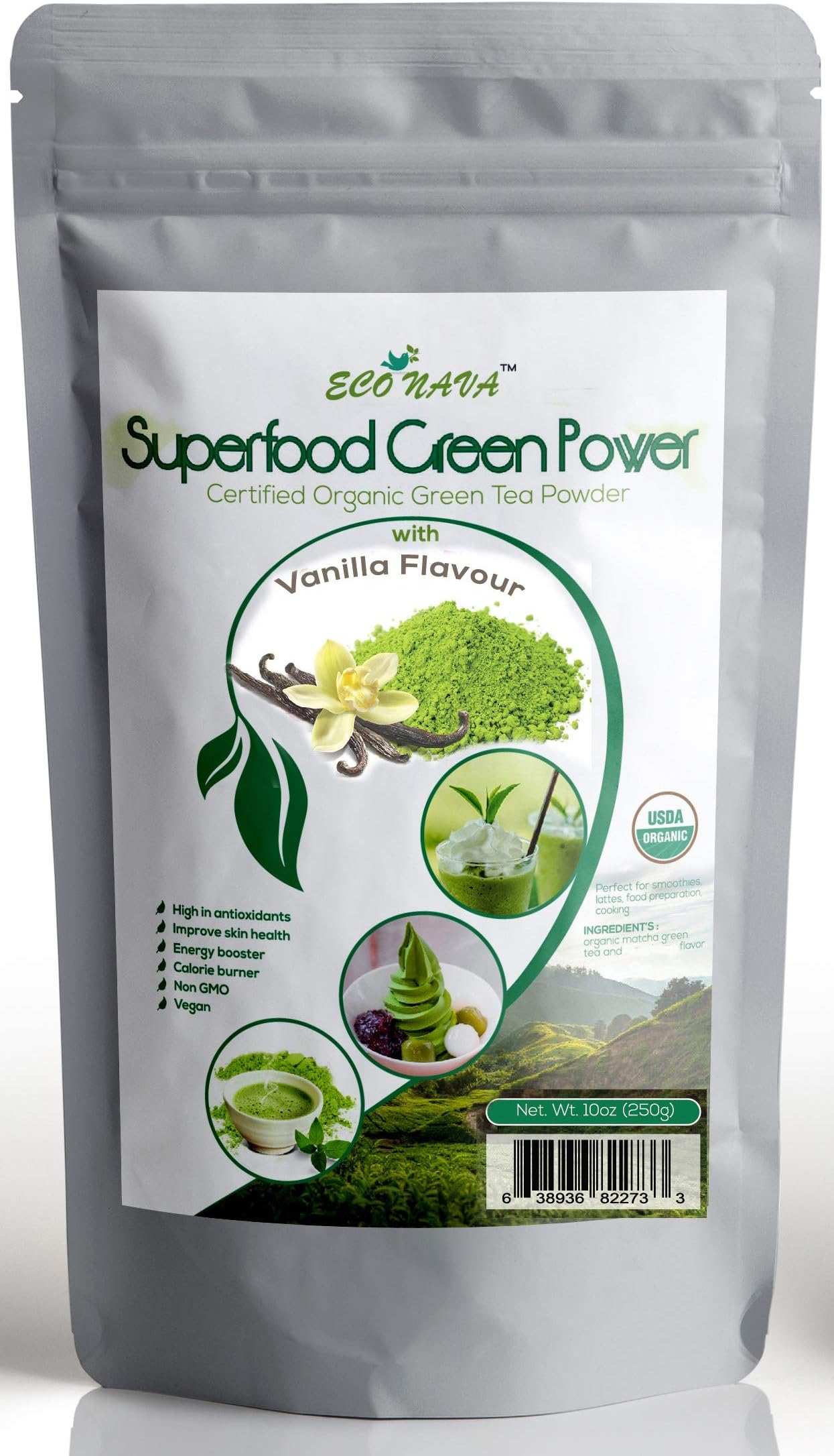 Vanilla Matcha Green Tea Powder - ECO NAVA - Certified USDA Organic - GMO Free - 100% Natural - Premium Grade Macha Powder for Making Cake, Smoothie, Latte & Baking 250g/9oz Bag