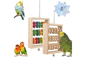3 Pcs Bird Toys, Bird Swivel Wheel Rotating Toys + 2Pcs Rectangular Hanging Parrot Chew Toy, Natural Wooden Puzzle Intelligen