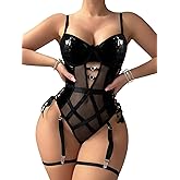 Foxiny Sexy Strappy Lace Up Underwire Sheer Leather Garter Belt Teddy Bodysuit Lingerie Top 2 Piece Set