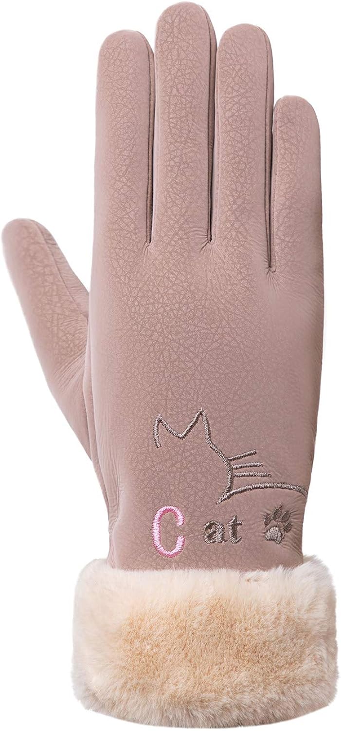 Women Winter Black Leather Gloves, Touchscreen Windproof Warm Leather Gloves for Running Cycling 