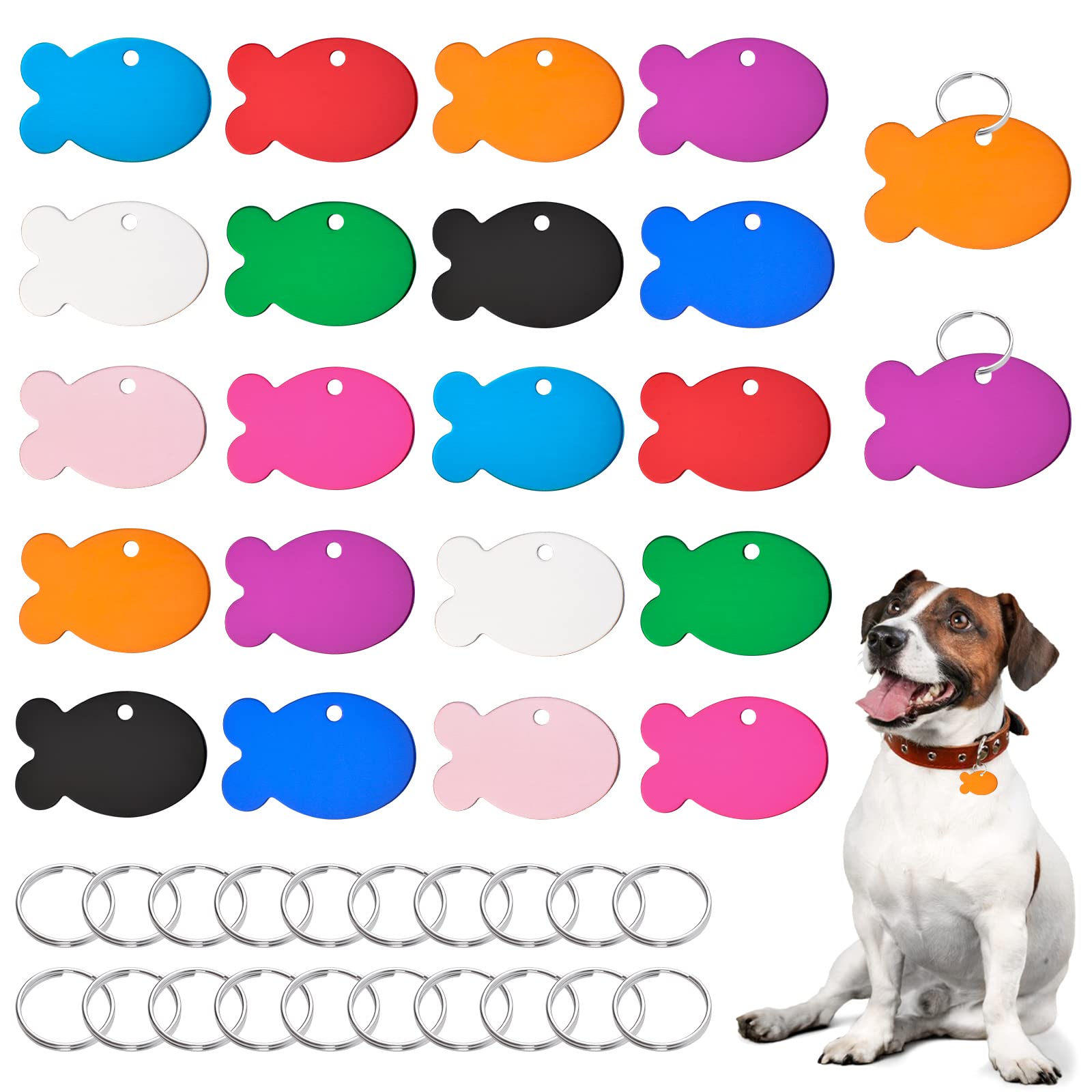 HACRAHO Pet ID Tag, 20 PCS Multi-Color Blank Pet ID Tag Aluminum Double Sided Pet Id Tags with 20 PCS Key Rings for Dogs Cats, Fish-Shape