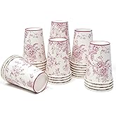 Gift Boutique 50 Pack Disposable Pink Floral Paper Cups 9oz Toile Chinoiserie Flowers Drinking Cup for Beverage Drinks for Spring Birthday Tea Party Supplies