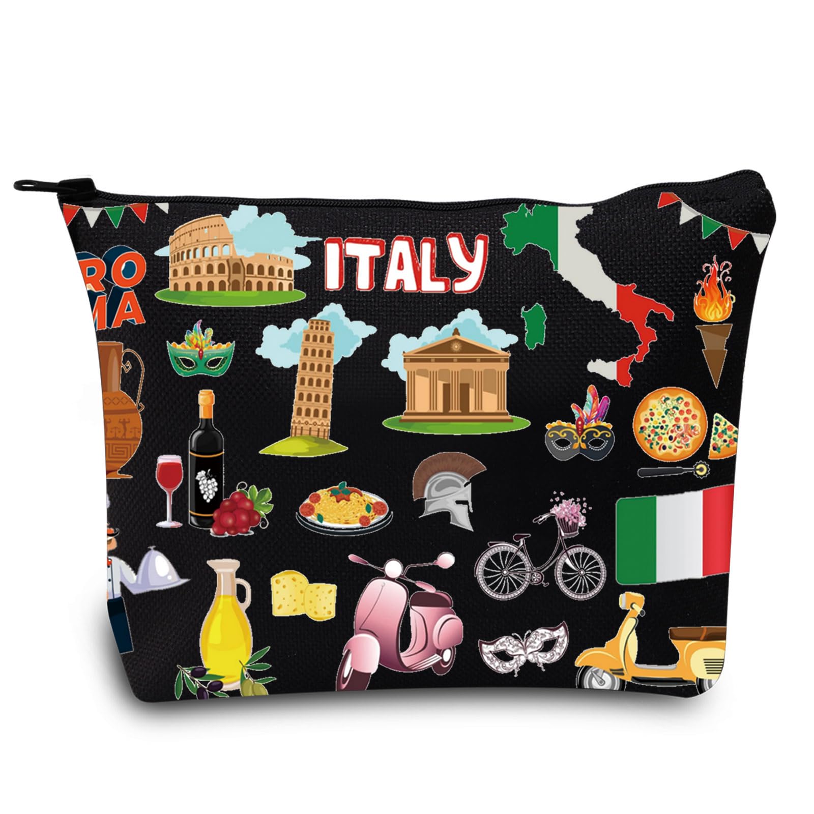LEVLO Italy Travel Pouch Bag Rome Souvenir Gift Pisa Tower Colosseum Venice Carnival Zipper Pouch Bag Italy Trip Gift, Italy Black, Cosmetic Bag