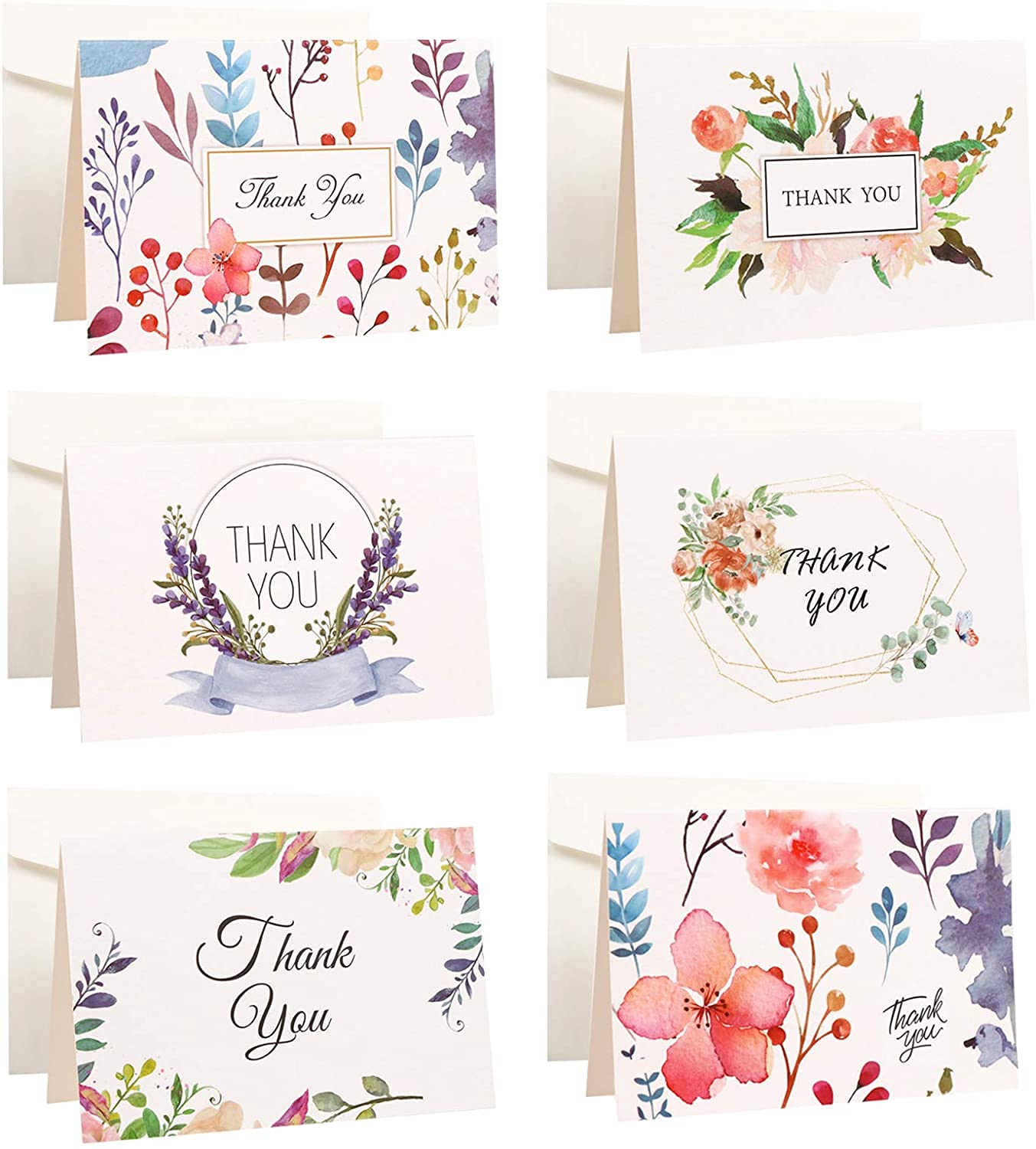 Thank You Cards, Thank You Card Multipack with 24 Pack Thank You Blank Greeting Card Envelopes 1.2 inch Floral Thank you Stickers for Wedding, Birthday, Baby Shower, Small Business (Fold 4*2.75inch)）