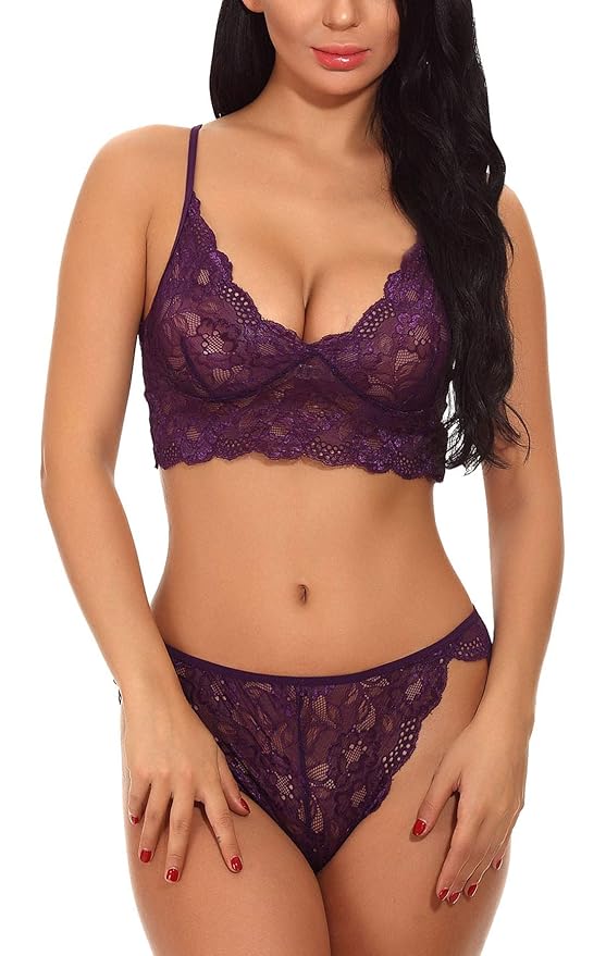 FEOYA BH Dessous Sexy Damen Dessous Set Ungefüttert Bralette Unterwäsche Floral Spitze BH und Panties Set Erotik Reizwäsche