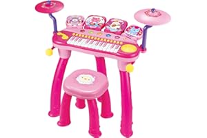 BAOLI Kids Piano Keyboard Toys 24-Keys,Electronic DJ Piano with Drum & Cymbal for Beginners,3 4 5 6 7 8 Years Old Toddler Girl Boy Music Gift, Musical Instrument,w/Microphone,Stool,Multiple Sounds - Pink