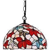 Msrzuds Tiffany Style Stained Glass Pendent Light Plug in, 12" W White Maple Leaf Floral Design Hanging Lamp, 60" Chain 15‘ C