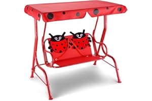 GLACER Porch Swing, Kids Patio Hammock w/Adjustable Canopy & Stand, Safety Belt, 2 Seats Outdoor Swing Bench, Metal Frame Hanging Lounge Chair, Swing Sets for Backyard, Garden, Poolside (Red Ladybug)