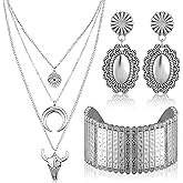 Inbagi 3 Pcs Boho Western Jewelry for Women Layered Necklace Cowboy Cowgirls Western Women's Necklace Silver Bracelet and Dangle Earrings