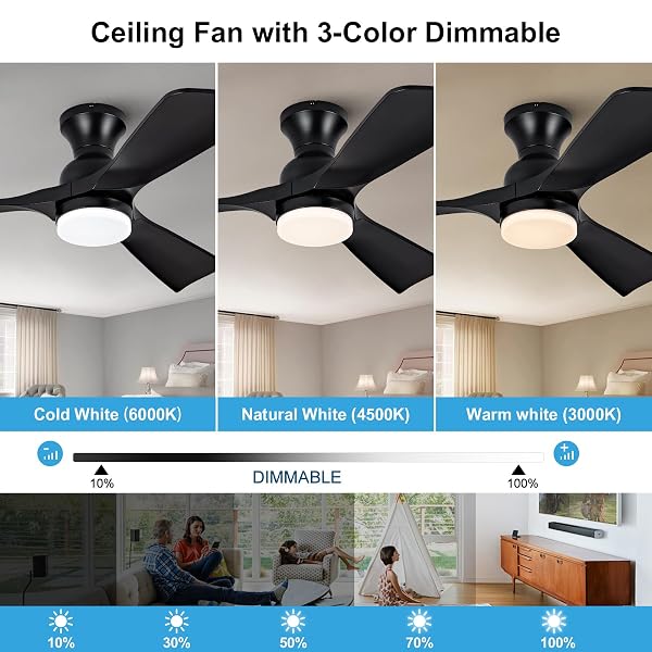 OMYU 42 INCH CEILING FANS WITH LIGHTS AND REMOTE CONTROL, LOW PROFILE CEILING FAN WITH LIGHT, DIMMABLE, QUIET DC MOTOR, FLUSH MOUNT, BLACK CEILING FAN FOR INDOOR OUTDOOR BEDROOM PATIO (ABS BLADES)